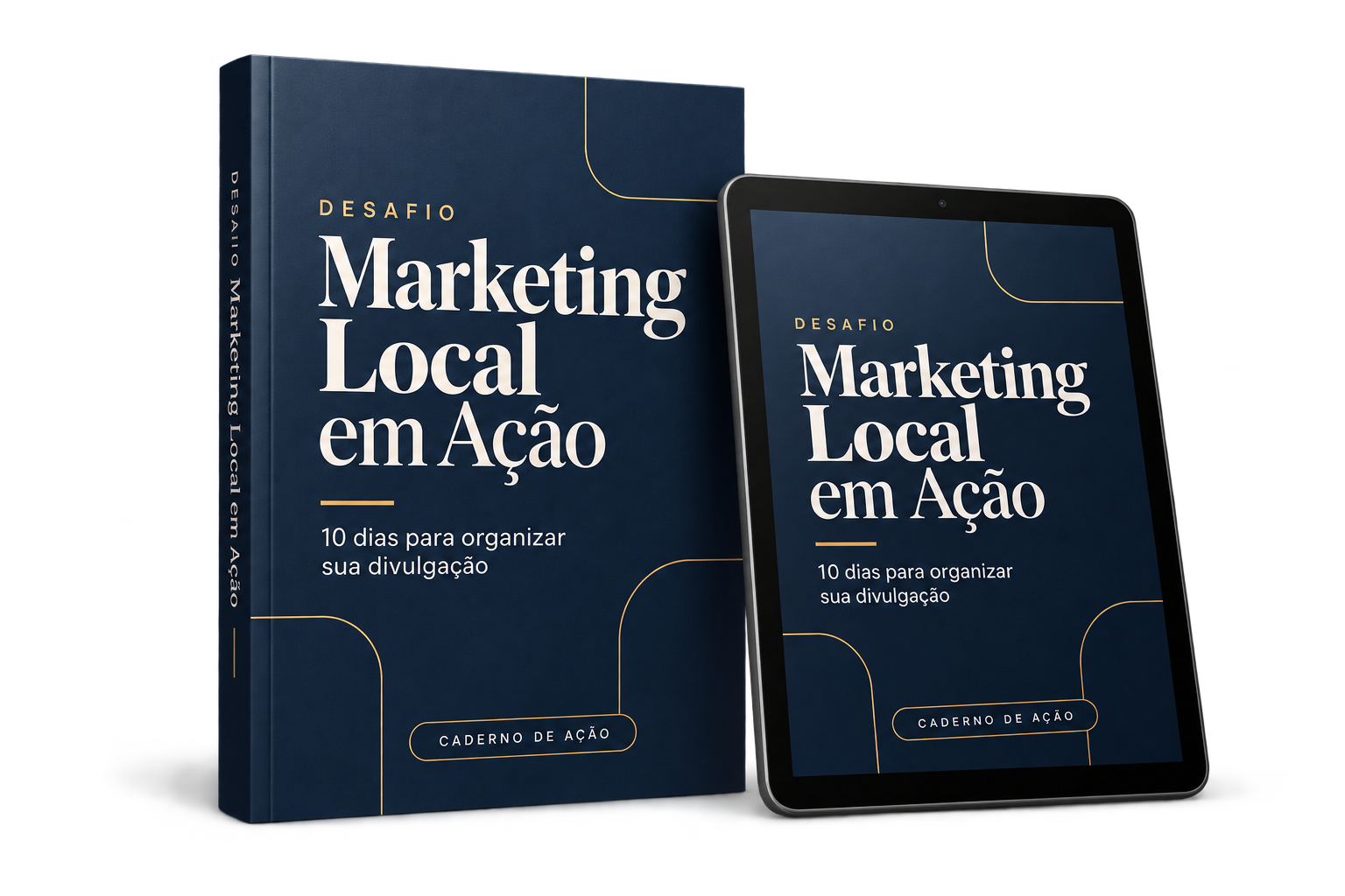Mockup do ebook Desafio Marketing Local em Ação em azul-marinho e dourado, apresentado como livro e em um tablet